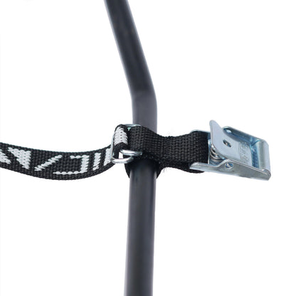Cam strap with double rings used to secure it to a bicycle rack