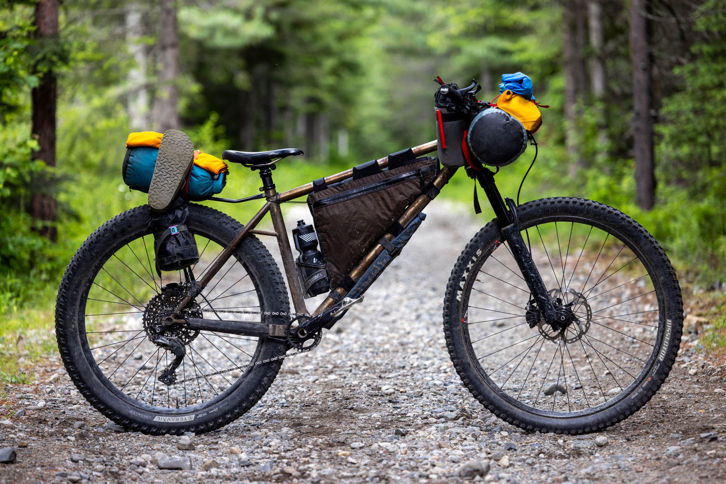 Mica rack loaded on a hardtail with the dropper slammed